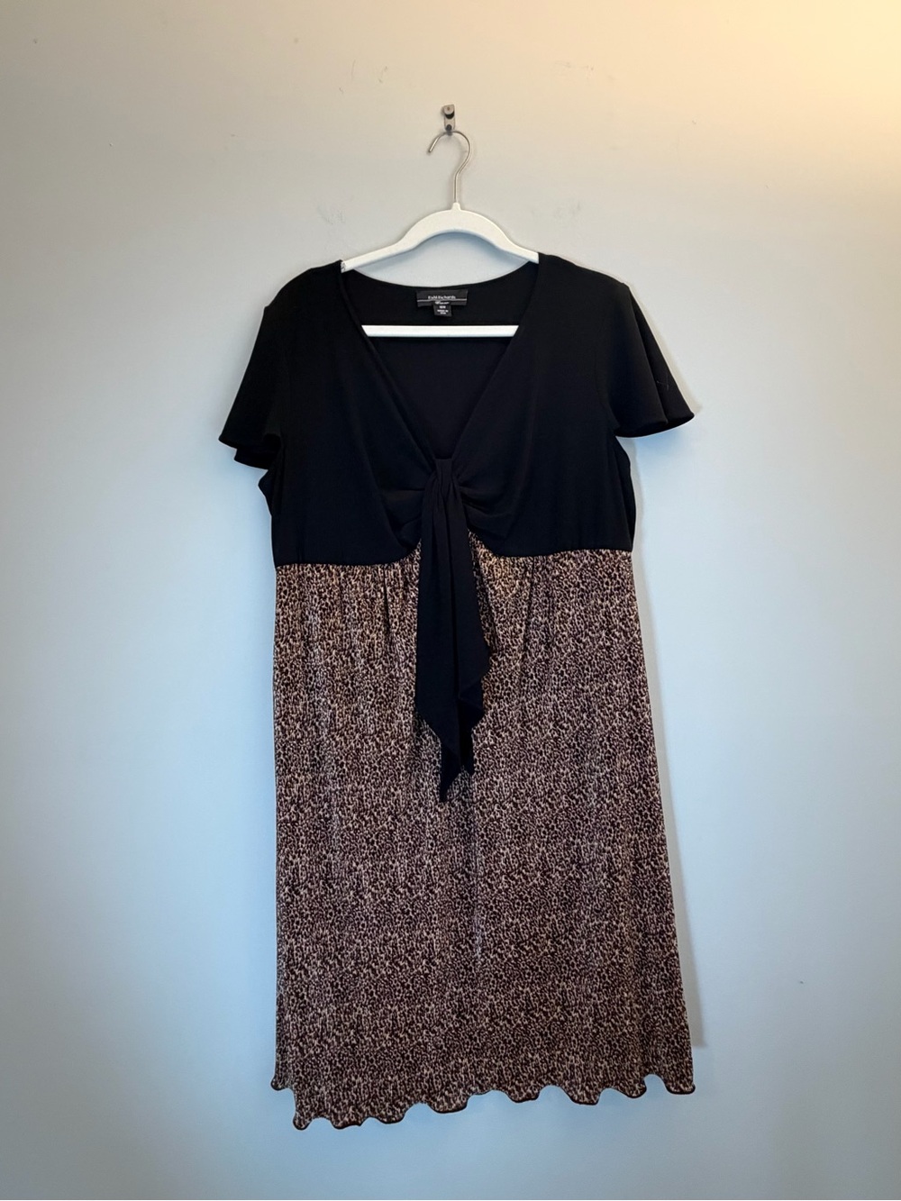 R&M‎ Richards A-Line Dress V-Neck Animal Print Tie 16W Black Brown